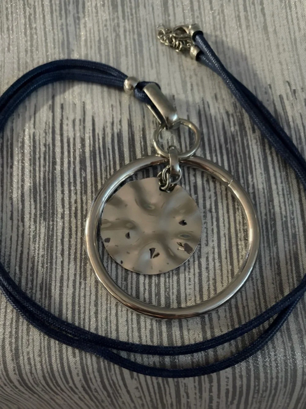Navy Cord Necklace with Silver Disc Pendant and Navy Bead Bracelet Set